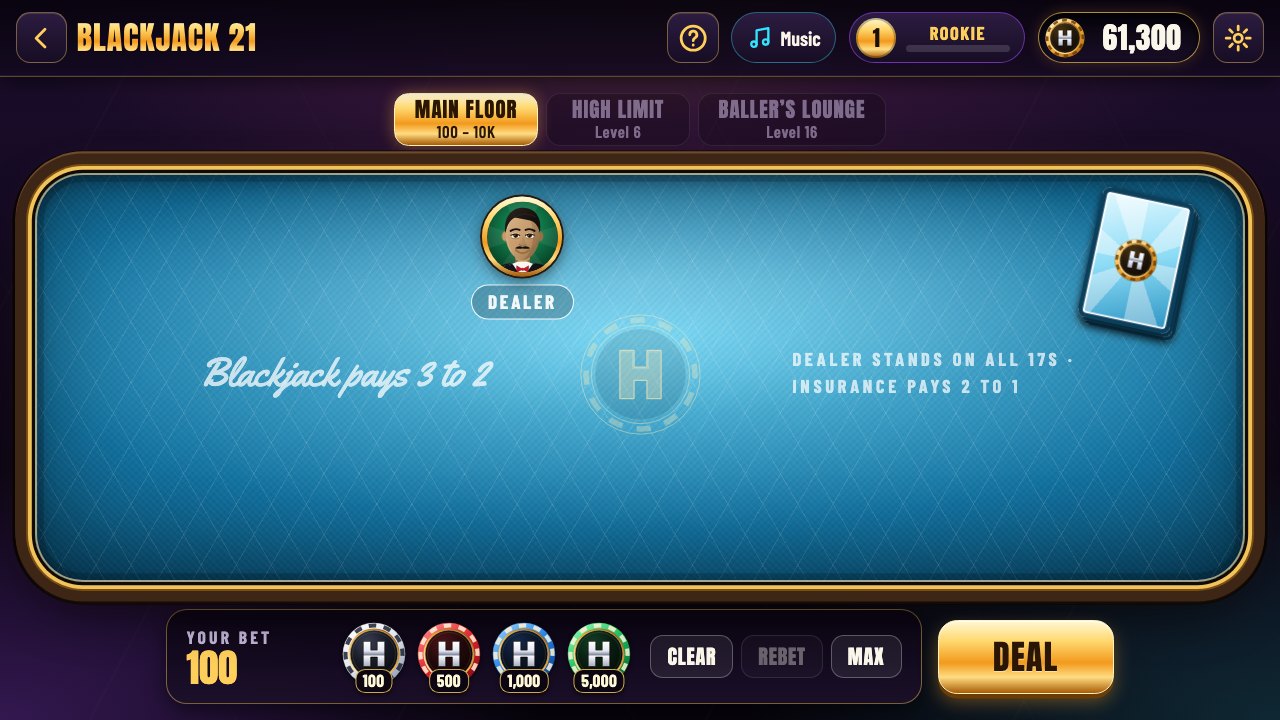 A blackjack table in Hard Hustla Casino dressed in the Diamond District felt