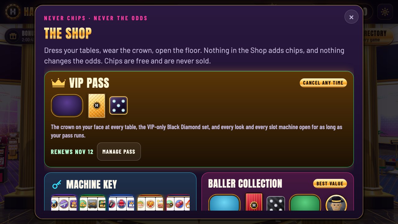 The Shop inside Hard Hustla Casino, showing the VIP Pass, the Machine Key and the Baller Collection